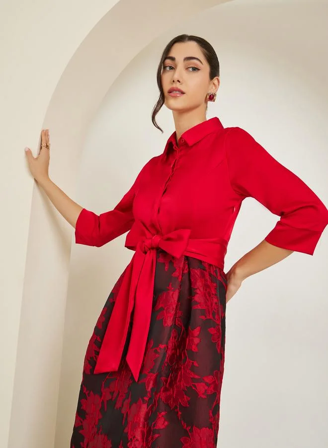 Styli Women Red Floral Tie-Up A-Line Maxi Dress